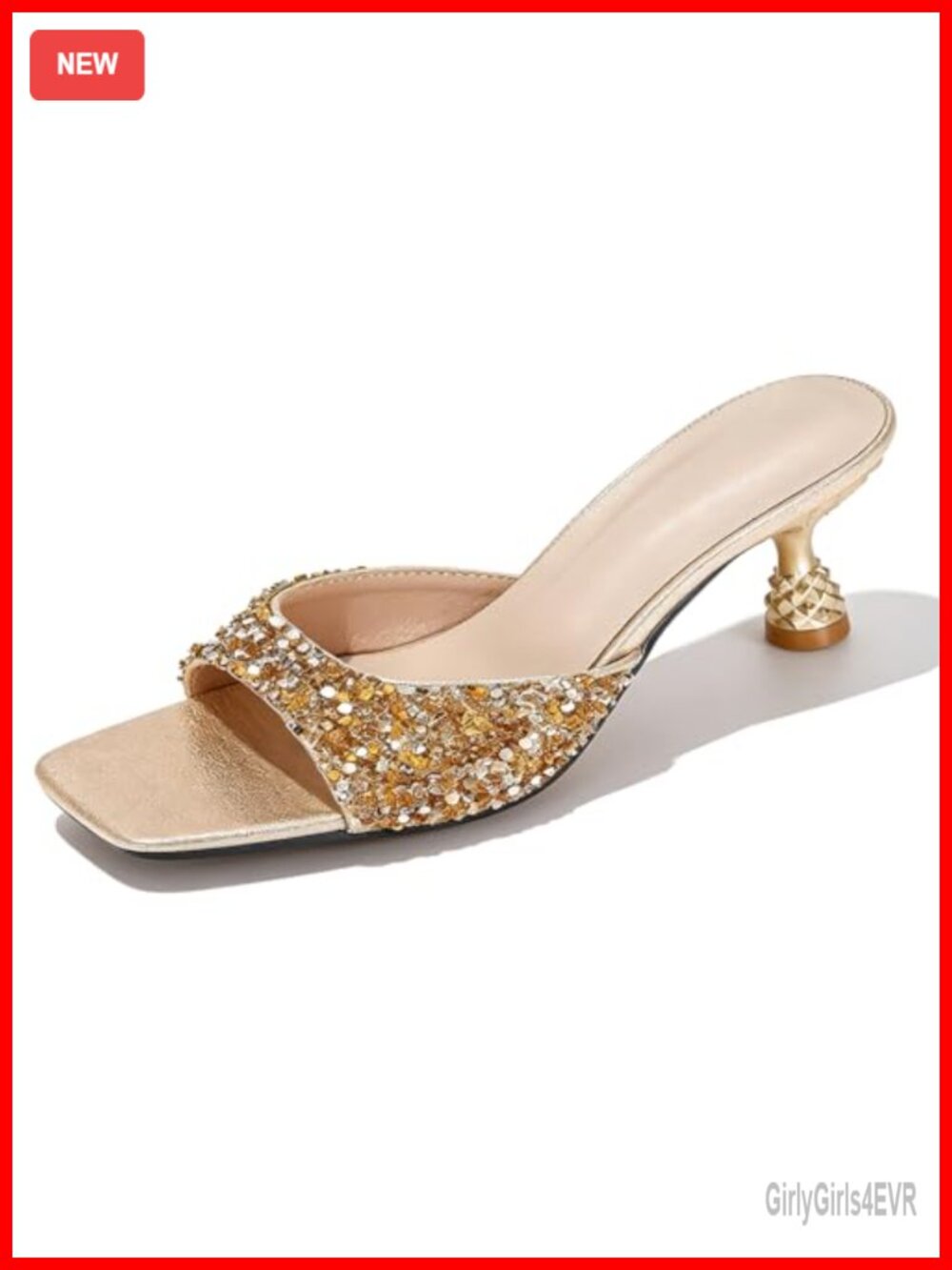 Sequin Kitten Heel Slide Sandals Square Toe Backless Mule